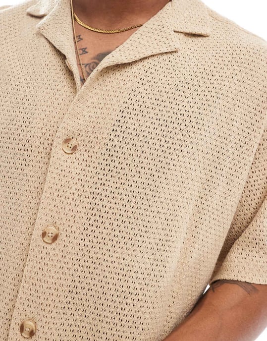 ASOS DESIGN avslappnad revere textur skjorta i brun - Image 2