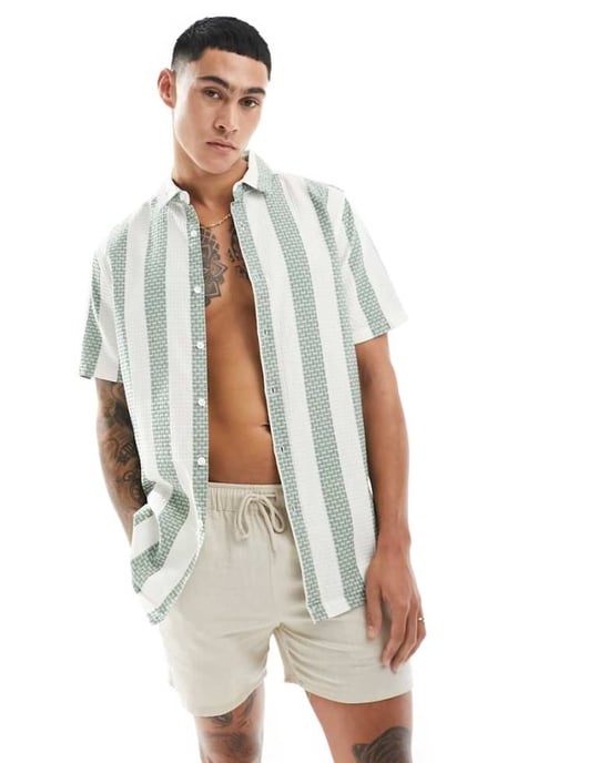 ASOS DESIGN regular skjorta i grön våffelväv med rand - Image 1