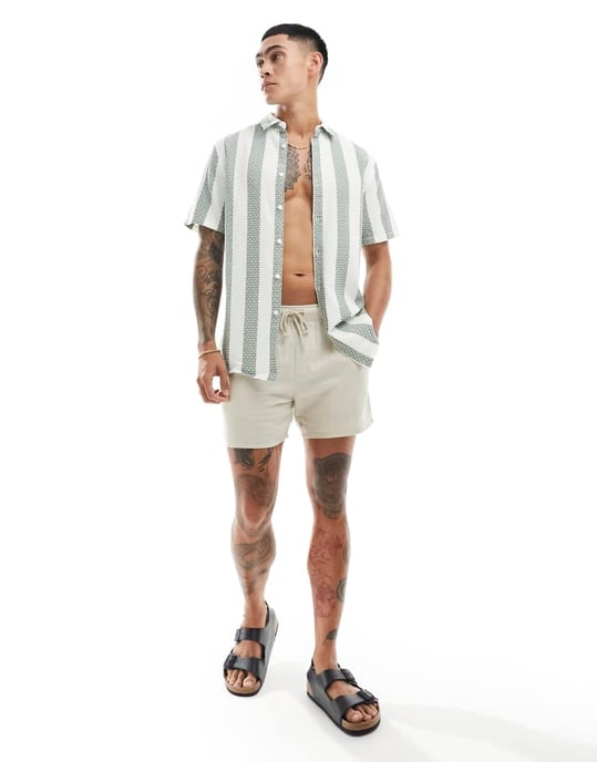 ASOS DESIGN regular skjorta i grön våffelväv med rand - Image 2