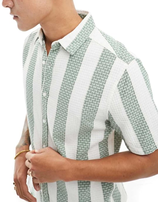 ASOS DESIGN regular skjorta i grön våffelväv med rand - Image 4