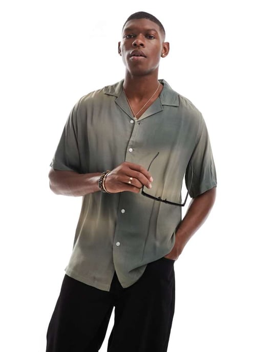 ONLY & SONS revere collar shirt with distorted print in green - Image 1