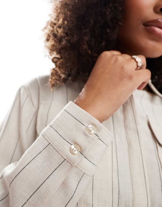 ASOS DESIGN pinstripe linen look pocket detail shirt co-ord in cream - Image 3