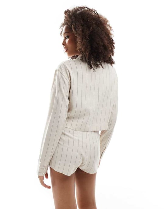ASOS DESIGN pinstripe linen look pocket detail shirt co-ord in cream - Image 4