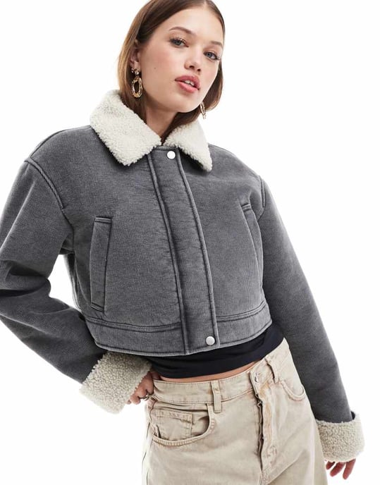 ASOS DESIGN cordbunden jacka med fårskinnskrage i grått - Image 2