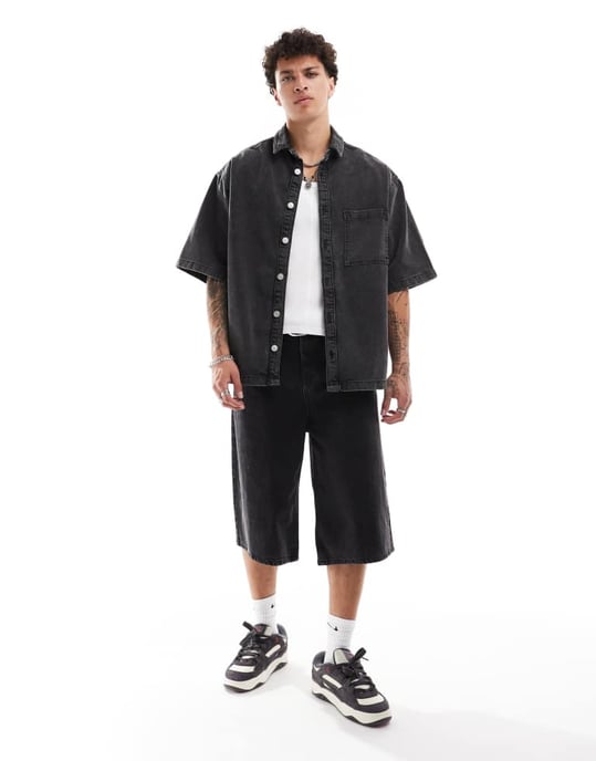 ASOS DESIGN matchande kortärmad boxig skjorta i svart - Image 3