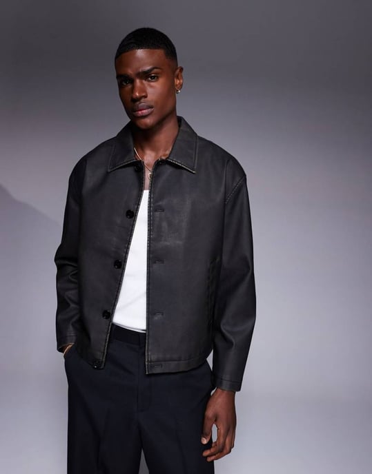 ASOS DESIGN fusk läder boxig Harrington-jacka i svart - Image 3