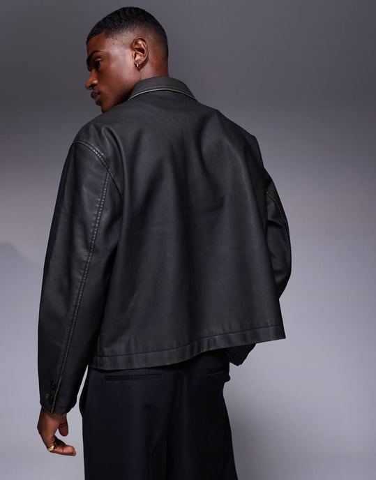 ASOS DESIGN fusk läder boxig Harrington-jacka i svart - Image 4
