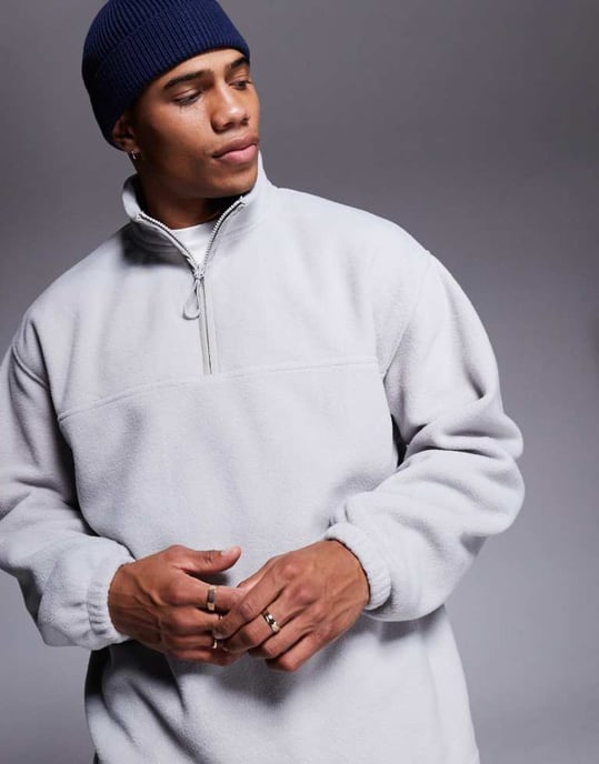 ASOS DESIGN relaxed quarter zip fleece sweatshirt in light grey - LGREY - Image 2