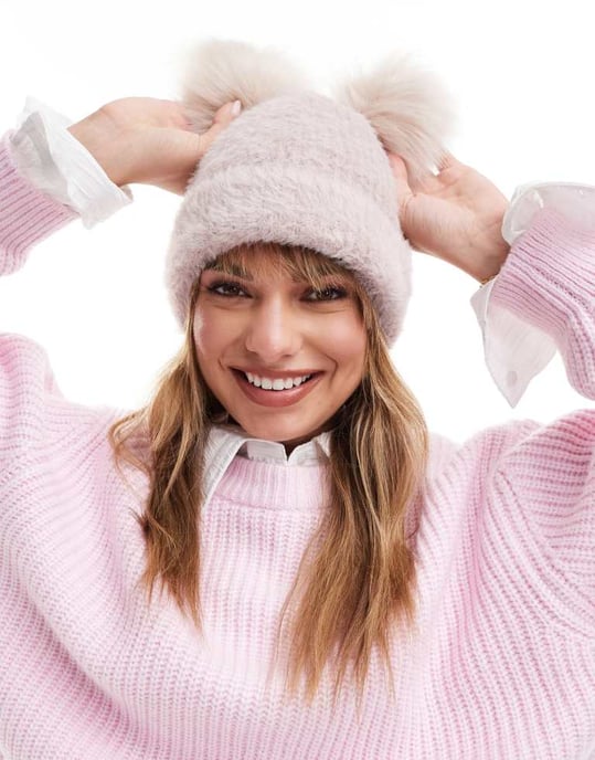 ASOS DESIGN double faux fur pom beanie in mink - Image 2