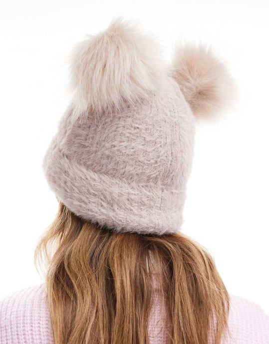 ASOS DESIGN double faux fur pom beanie in mink - Image 3