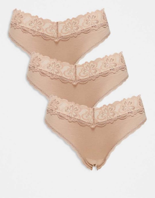 ASOS DESIGN Minnie 3-pack bomull-brazilian trosa med spetstyg i neutral färg - Image 1