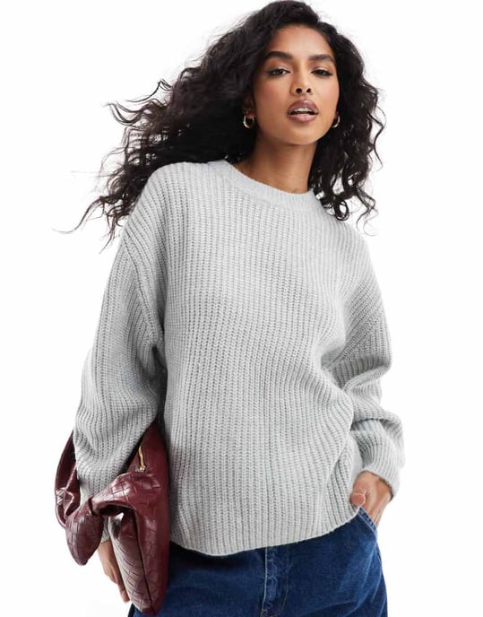 ASOS DESIGN kraftig rundhalsad ribbstickad tröja i grått - Image 1