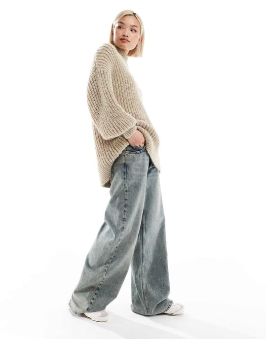 Monki höghalsshalsad tjockribbad stickad tröja med volymärmar i beige - Image 3