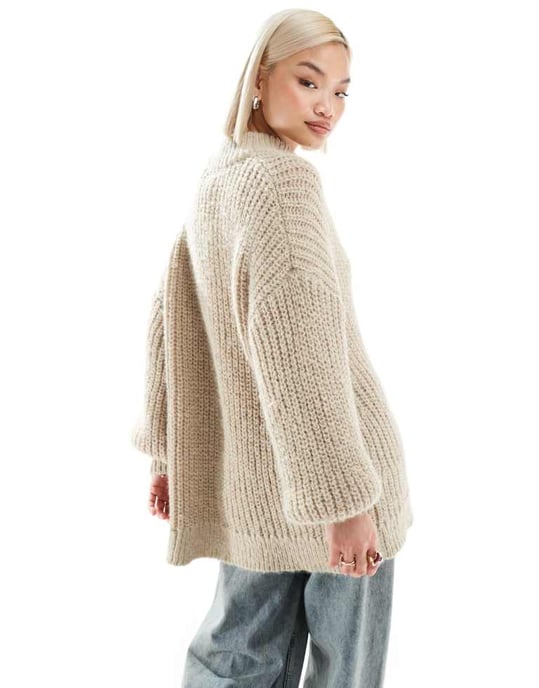 Monki höghalsshalsad tjockribbad stickad tröja med volymärmar i beige - Image 4