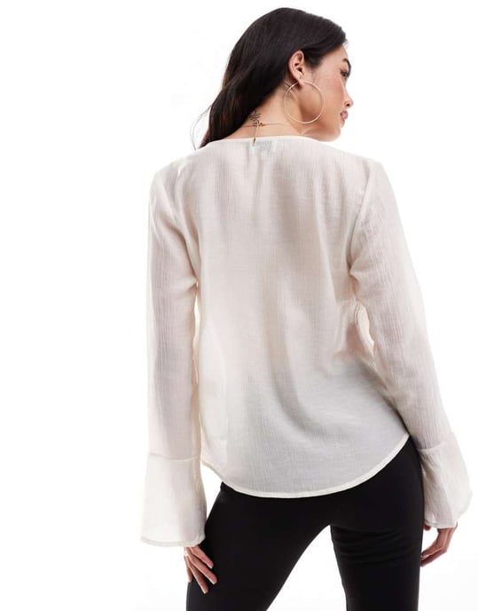 SNDYS sheer plunge knot detail blouse in white - Image 4