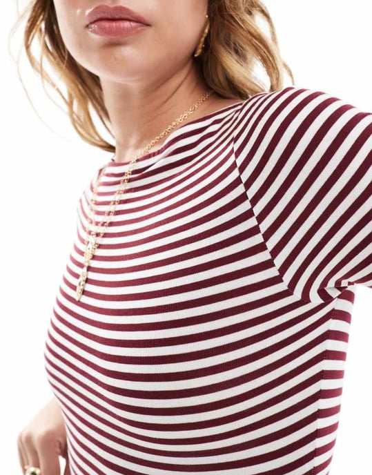 Miss Selfridge långärmad bodysuit med båtkrage i randigt mönster - Image 3