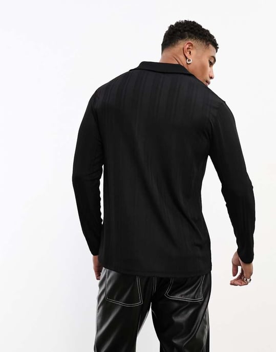 ASOS DESIGN långärmad polo i genomskinlig ribb med djup V-ringning - Image 2