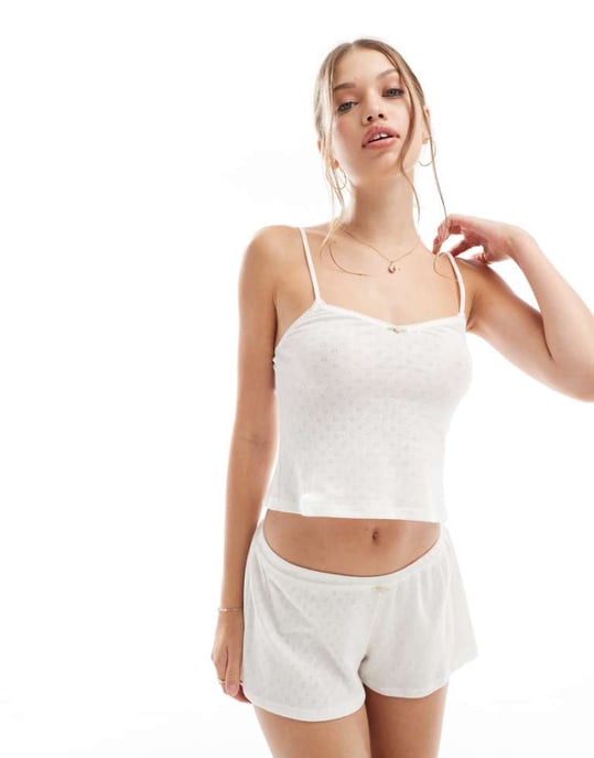 Dorina pointelle camisole with pink rosebud detail in ivory - Image 1