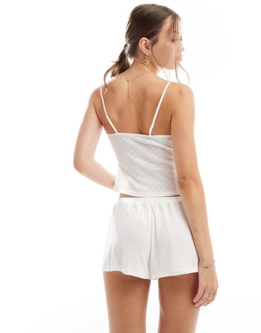 Dorina pointelle camisole with pink rosebud detail in ivory - Image 2