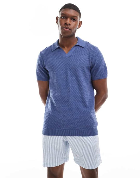 Hollister stängd söm upphöjd randad stickad polo i ljusblått - Image 2