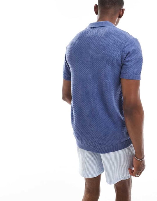 Hollister stängd söm upphöjd randad stickad polo i ljusblått - Image 4
