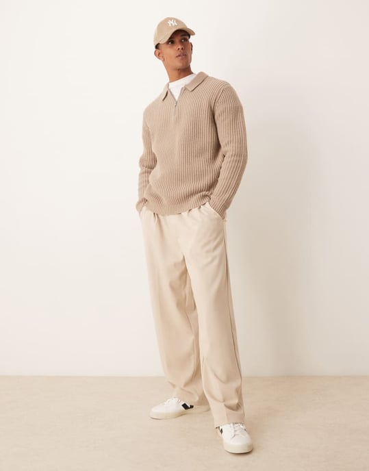 ASOS DESIGN ullmix oversized tungvikts kvartdraget ribbstickad jumper med krage i taupe - Image 2