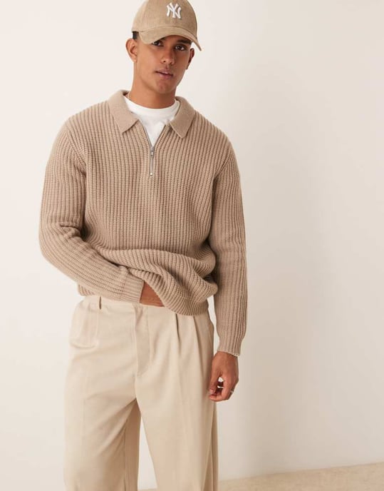 ASOS DESIGN ullmix oversized tungvikts kvartdraget ribbstickad jumper med krage i taupe - Image 3