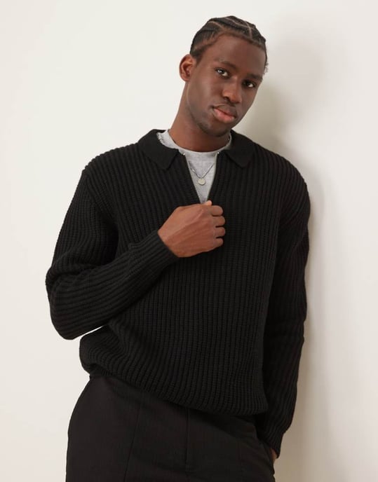 ASOS DESIGN blandning av ull oversize tungvikts kvartdragkedja ribbstickad polo i svart - Image 1