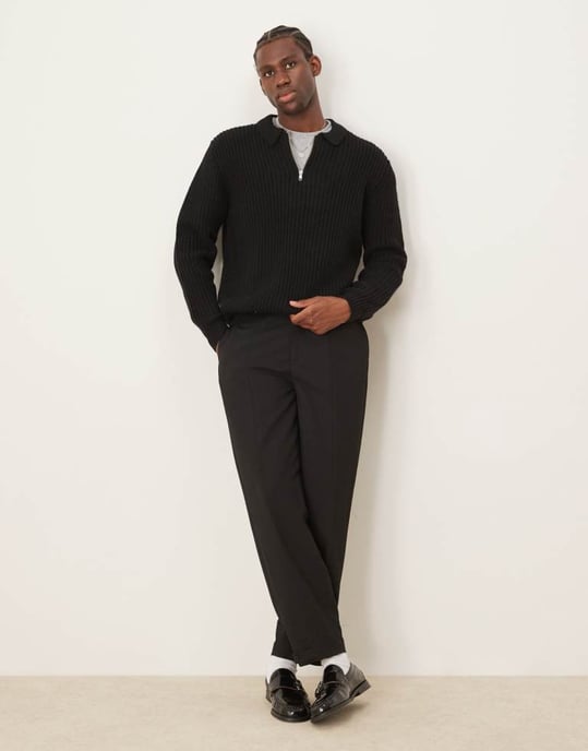 ASOS DESIGN blandning av ull oversize tungvikts kvartdragkedja ribbstickad polo i svart - Image 2
