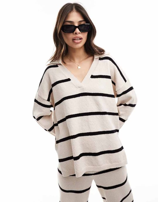 ASOS DESIGN stickad tröja med öppen krage i texturerad garn i randig coord - Image 3