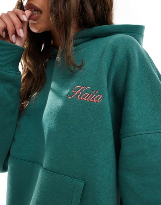 Kaiia bomullsblandning rosa logotyp oversized hoodie-koord i mörkgrön - Image 4