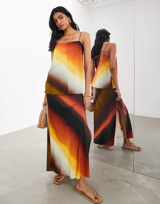 ASOS EDITION minimal skinny strap linne med matchande set i ombre solnedgångsrand - Image 2