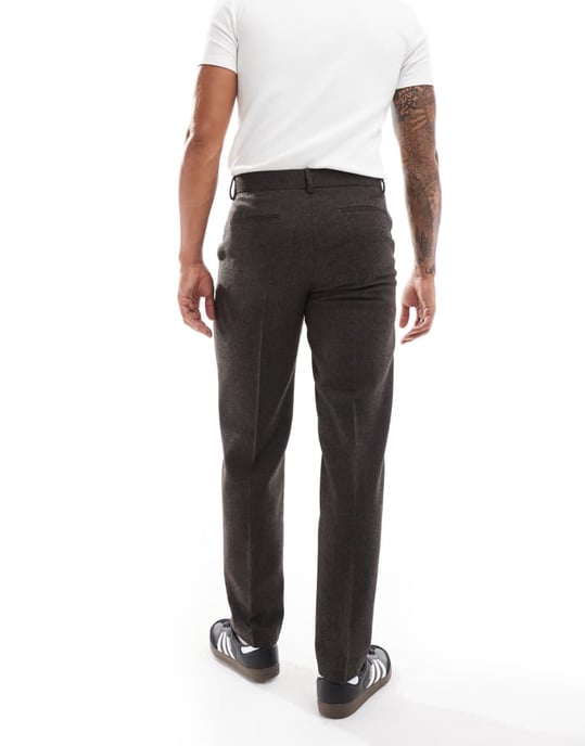ASOS DESIGN raka byxor i ullblandning med brunt fiskbensmönster - Image 2