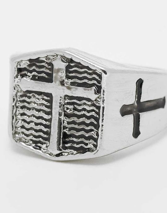 ASOS DESIGN cross detail signet ring in burnished silver - Image 2