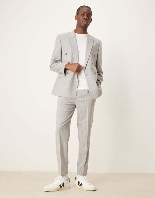 ASOS DESIGN tapered kostymbyxor i grått randigt mönster - Image 1