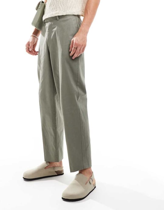 ASOS DESIGN smart oversized tapered linneblandade byxor i dammig grön - Image 3