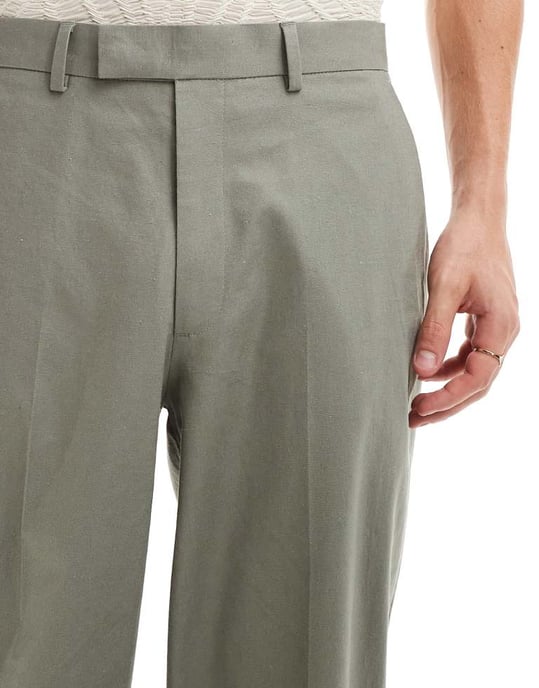 ASOS DESIGN smart oversized tapered linneblandade byxor i dammig grön - Image 4