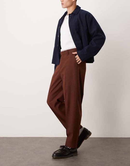 ASOS DESIGN smart oversized tapered byxor i rostprickad ullmix - Image 1