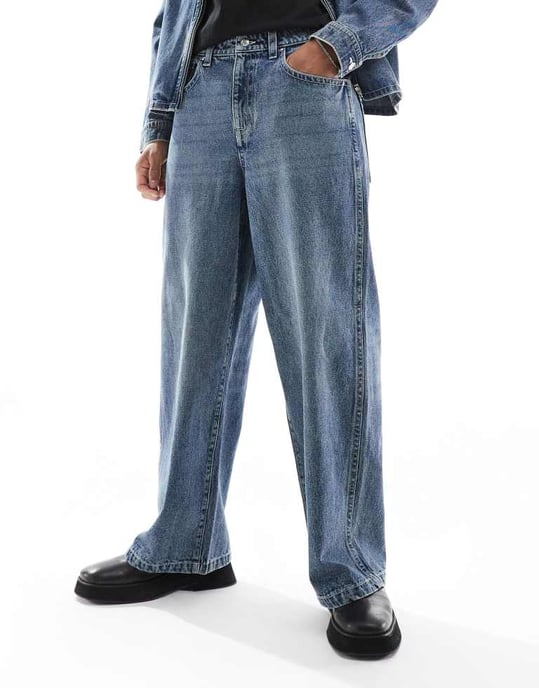 ASOS DESIGN koord lösa jeans i medelblå tvätt - Image 4