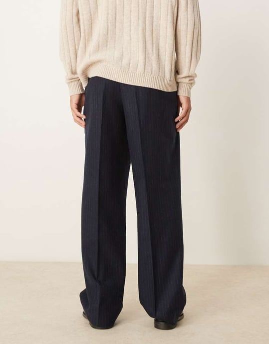 ASOS DESIGN smart vida byxor i ullblandning med marinrandig mönster - Image 4
