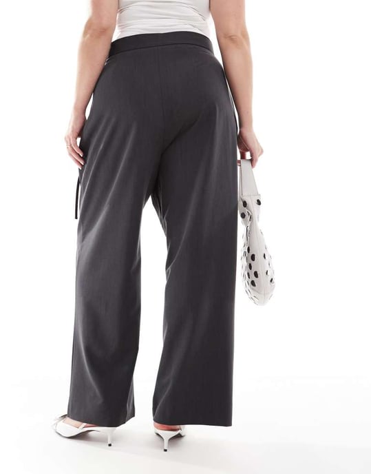 ASOS DESIGN Curve skräddarsydda vida byxor med knytdetalj i grått - Image 3