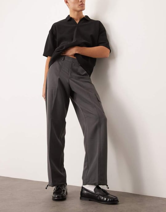 ASOS DESIGN smart vida byxor med cargo-stil och snörning i nederkant i grått - Image 1