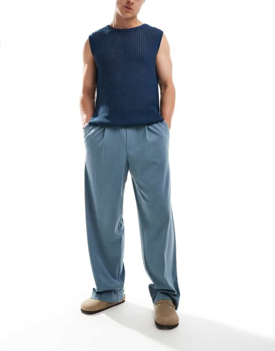 ASOS DESIGN midjan höga, vida byxor i damaskblåt textur - Image 1