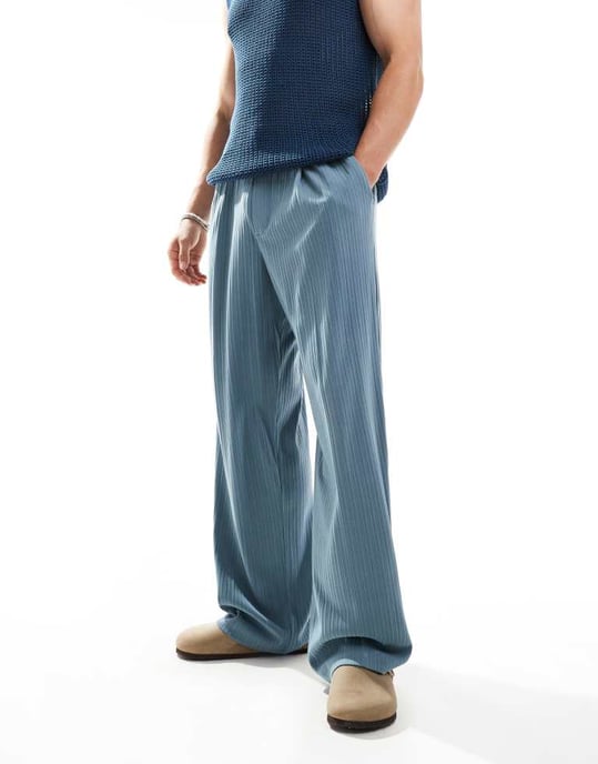 ASOS DESIGN midjan höga, vida byxor i damaskblåt textur - Image 2