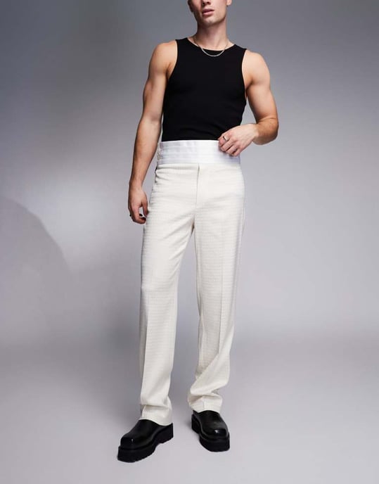 ASOS DESIGN smart raka byxor med midjeband i grädde - Image 2