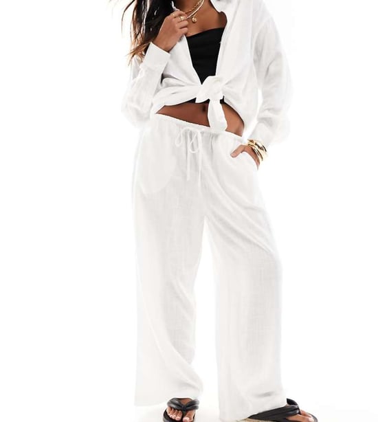 ASOS DESIGN Petite vida byxor med linne i vitt - Image 1