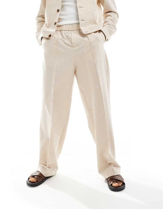 ASOS DESIGN smart co-ord byxor med vida ben i linne-striped - Image 2