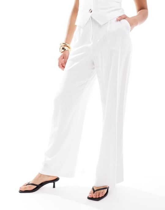 ASOS DESIGN skräddarsydda högmidjade byxor med sömdetaljer och breda ben i linne i vitt - Image 2