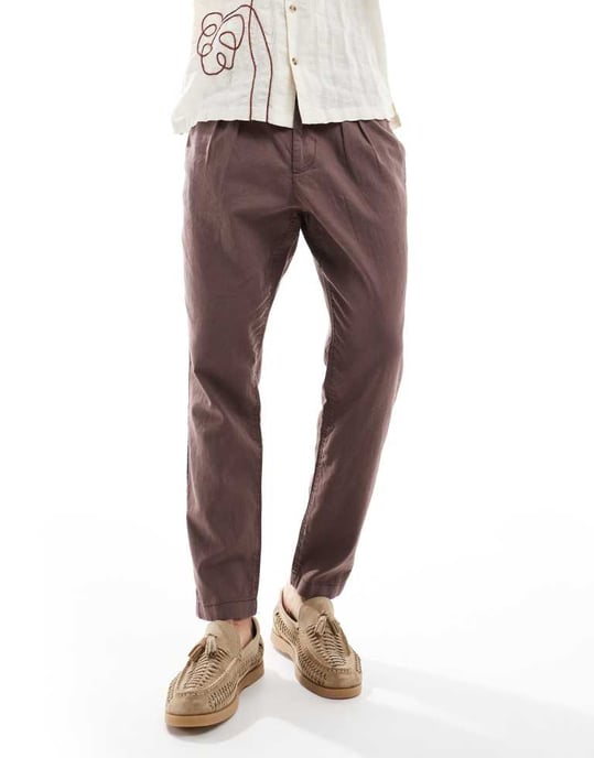 ASOS DESIGN breda veckade linne-chino byxor i brunt - Image 2