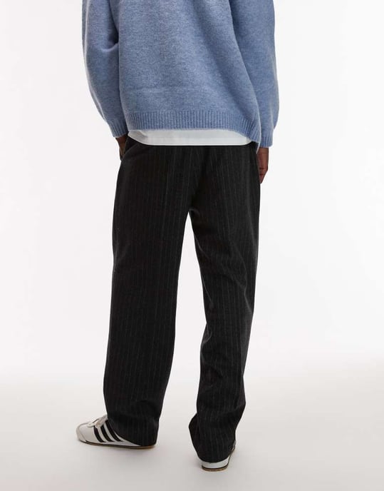 Topman premium bredbenad kostymbyxa i gråmelerad ullblandning med randmönster - Image 4